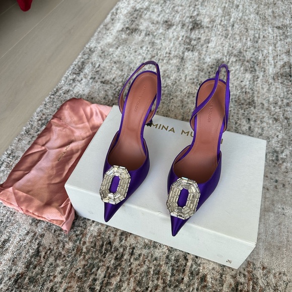 Amina Muaddi Shoes - Amina Muaddi Dark Purple Camelia Sling Pumps